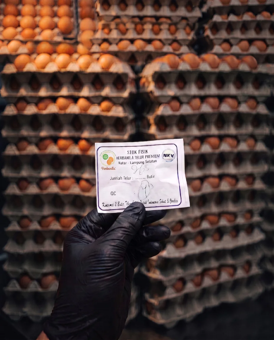 Audit Fisik Quality Control Herbanila Label Quality Control fisik pada ikat telur Herbanila yang menggaransi asal-usul Kandang 4 Blok 3 dan berat mutlak 15KG plus subsidi ekstra, menyelesaikan masalah kualitas tidak konsisten untuk dapur Horeca Bandar Lampung.